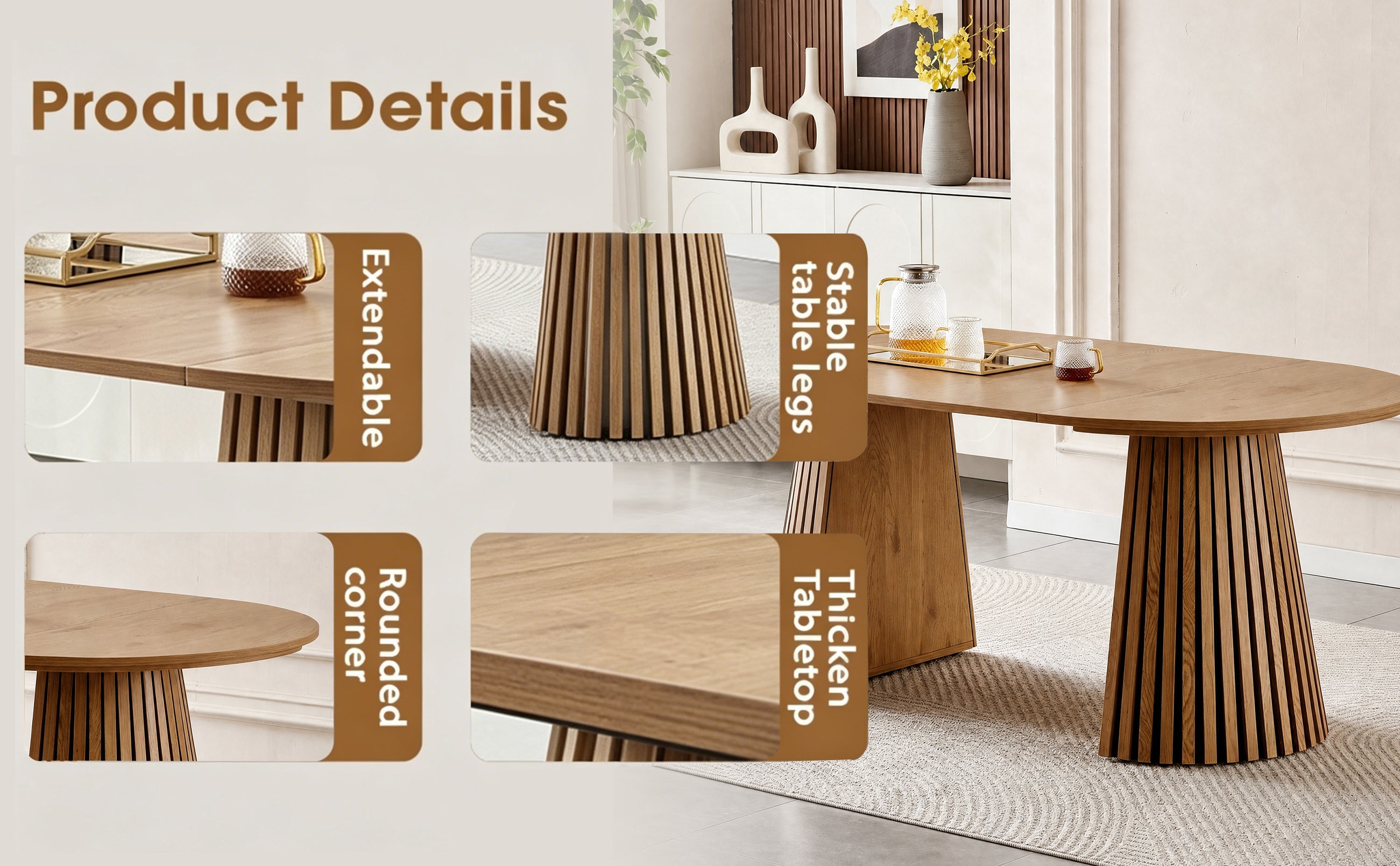 Wooden Dining Table, Flexible and Extendable, Multi-functional and Space-saving, Fashionable Oval Design and Slatted Table Legs, Tea Table or Office Desk, Beautiful and Practical - Grand Goldman Shop
