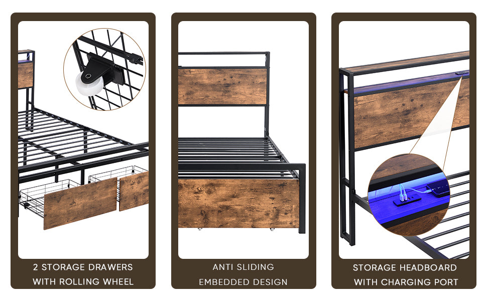 Full Size Bed Frame with Storage Headboard and 2 Drawers, LED Lights Bed with Charging Station, Metal Platform Bed No Noise, Mattress Foundation Strong Metal Slats Support No Box Spring Needed - Grand Goldman Shop