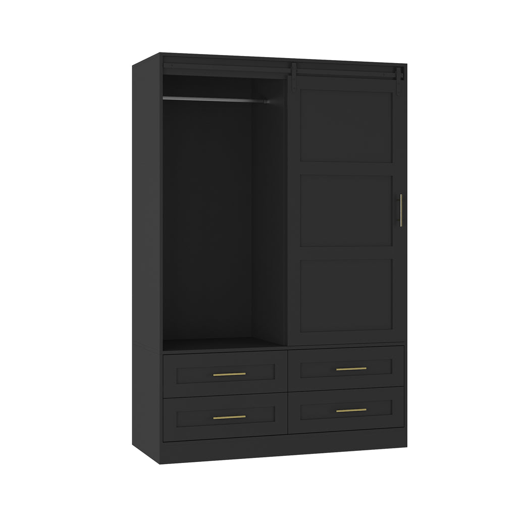 Tall Bedroom Armoire Wardrobe Closet Clothing Storage Cabinet with Hanging Rod Barn Door Drawers Open Shelves - Grand Goldman Shop