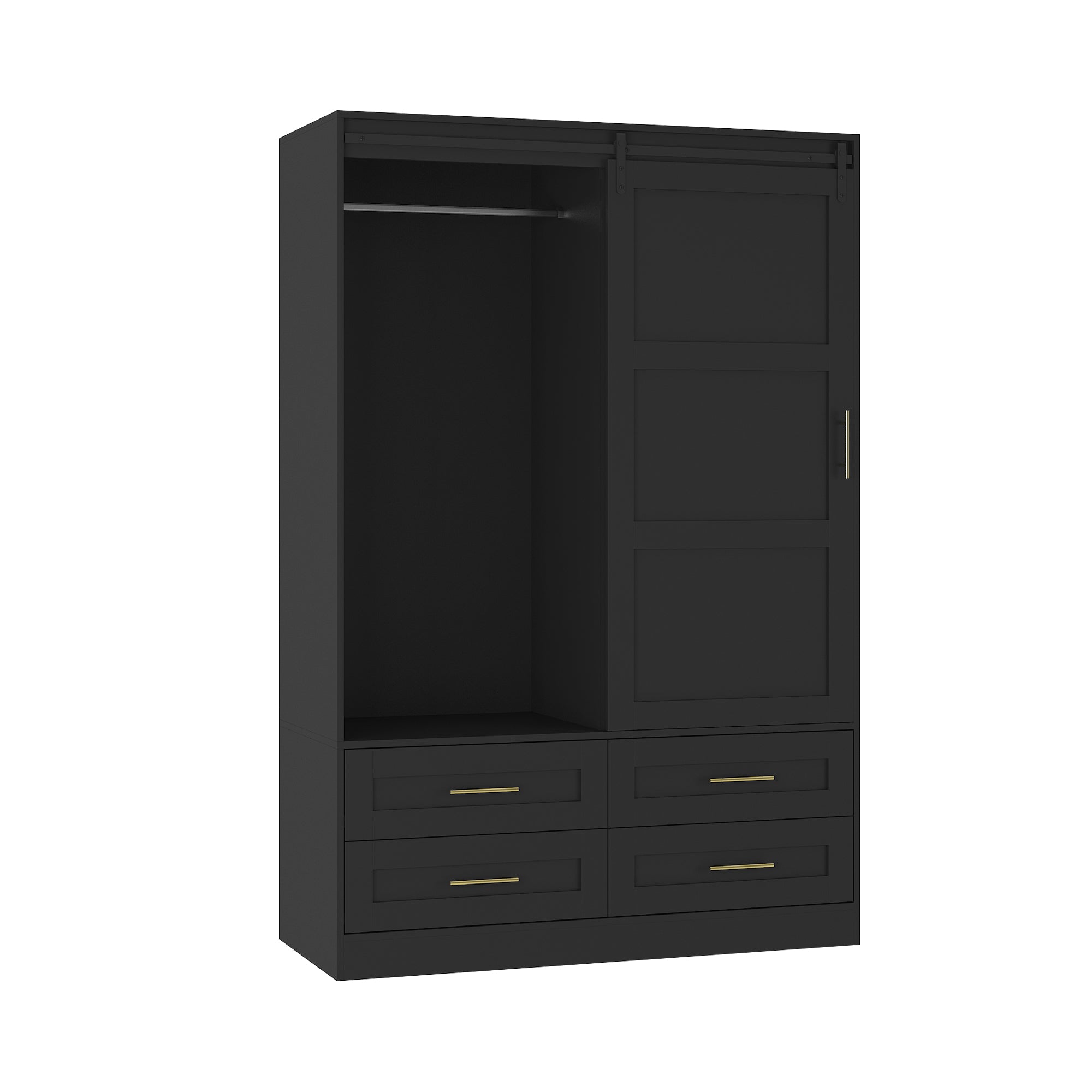 Tall Bedroom Armoire Wardrobe Closet Clothing Storage Cabinet with Hanging Rod Barn Door Drawers Open Shelves - Grand Goldman Shop