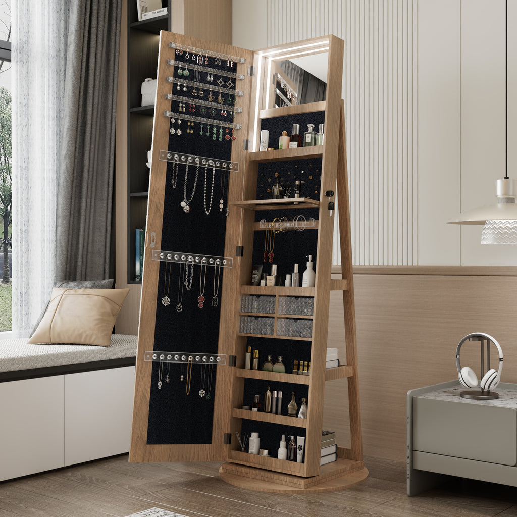 360°Swivel Jewelry Cabinet with Full Length Mirror, 360°Rotating Standing Jewelry Armoire Organizer , Lockable Storage Cabinet, Interior Lighted Mirror, Light Walnut - Grand Goldman Shop