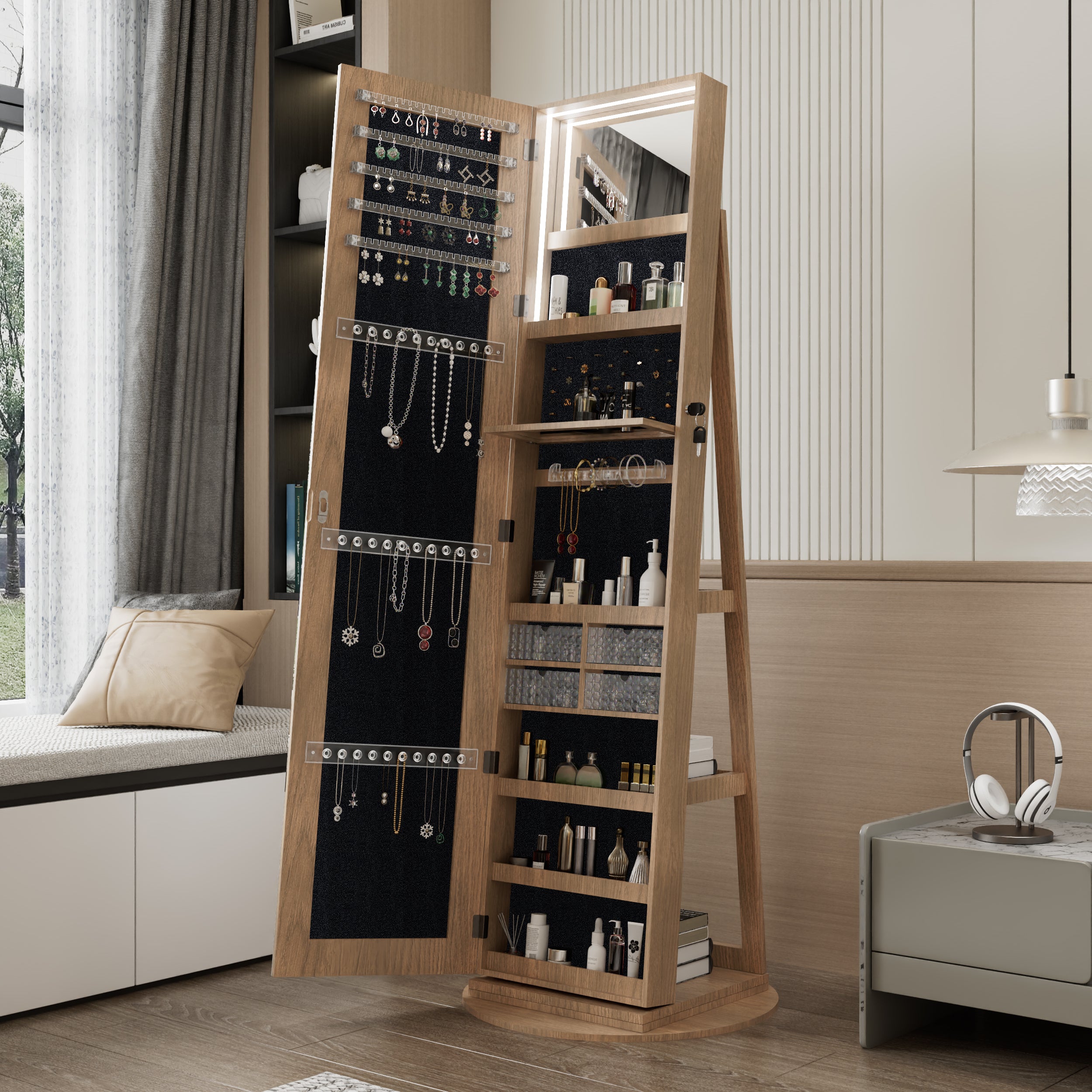 360°Swivel Jewelry Cabinet with Full Length Mirror, 360°Rotating Standing Jewelry Armoire Organizer , Lockable Storage Cabinet, Interior Lighted Mirror, Light Walnut - Grand Goldman Shop
