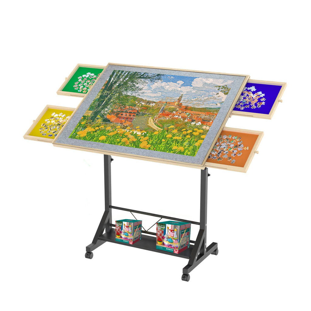 Wooden 1500 Pieces Puzzle Table with Drawer, 35'*27.17' Adjustable Puzzle Table, 360° Tilting Puzzle Table with Legs and Whee