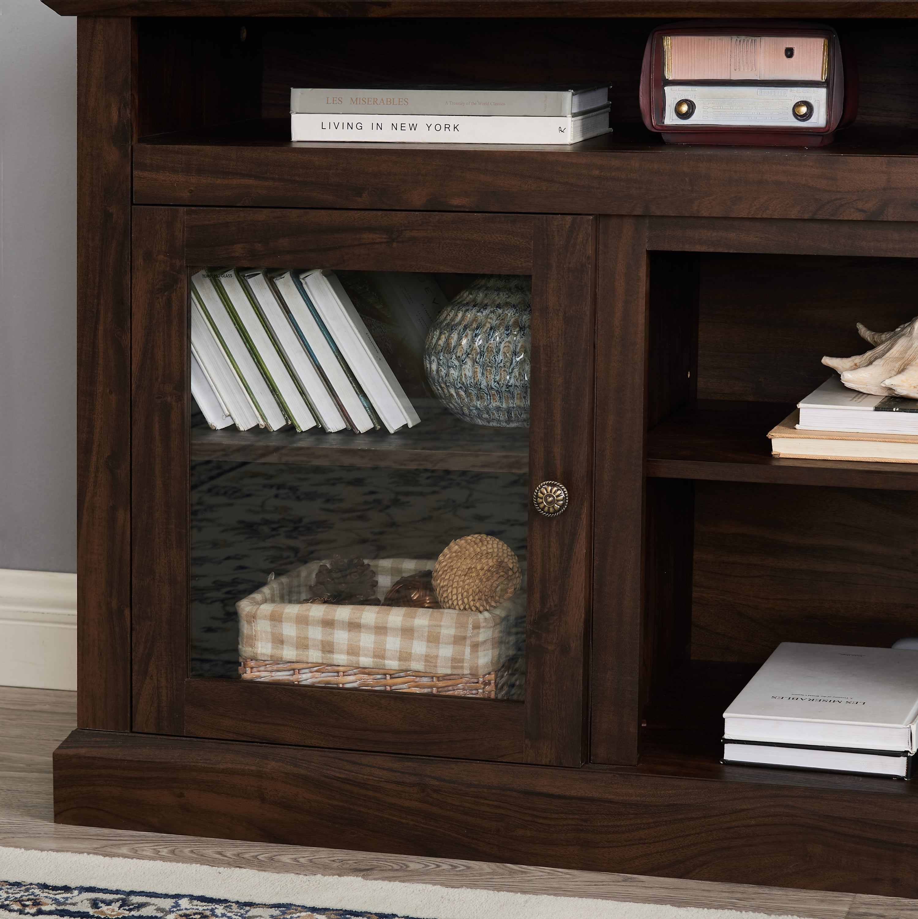 Modern TV Stand for up to 65 Inch TVs, Entertainment Center Farmhouse TV Cabinet Media Console Table with Glass Doors for Living Room, Brown 60'W*15.75'D*29'H - Grand Goldman Shop