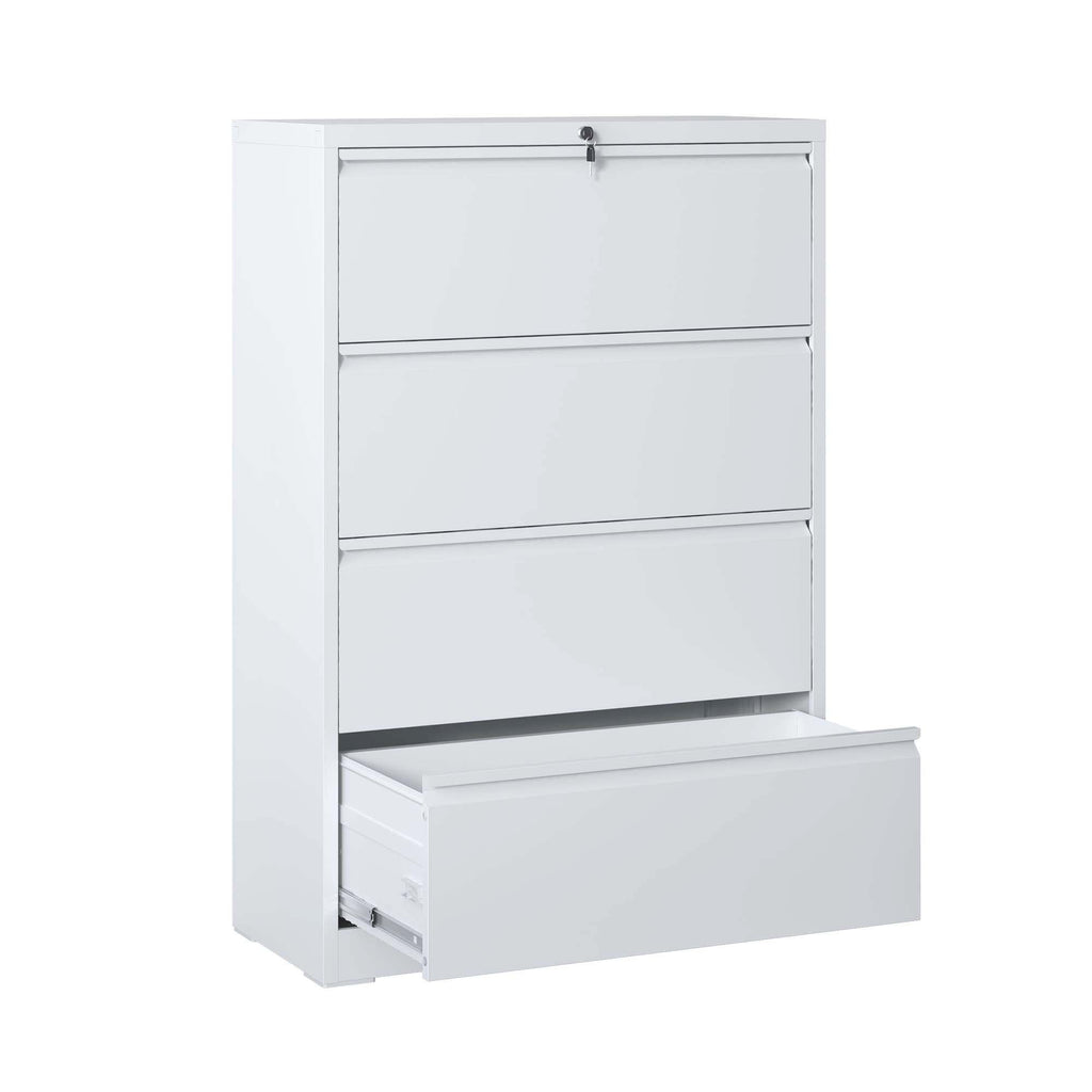 Modern Steel 4-Drawer Lateral File Cabinet with Lock, White Finish, Metal Construction, 35.43x15.75x52.28 inches | Premium Ho