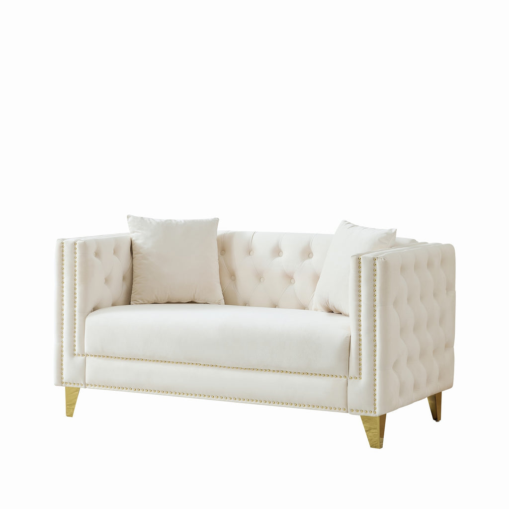 58'Chesterfield Velvet Sofa,2 Seater Deep Seat Sofa,Modern Sofa with Button Nailhead,Square Arm Couches,Furniture for Living Room,Bedroom,Office(Beige) - Grand Goldman Shop