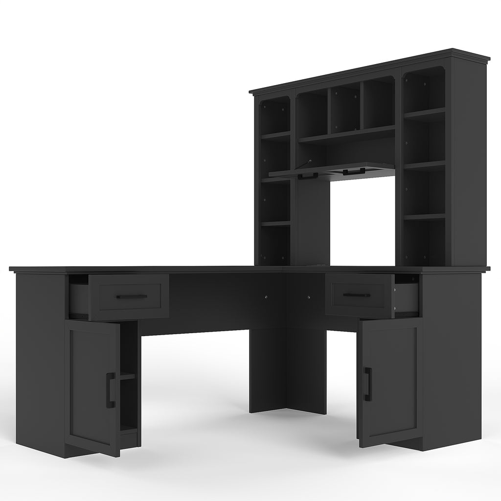 L-shaped computer desk with 2 cabinets and 2 drawers underneath the table, 11 open shelves and a flip-up shelf with storage o