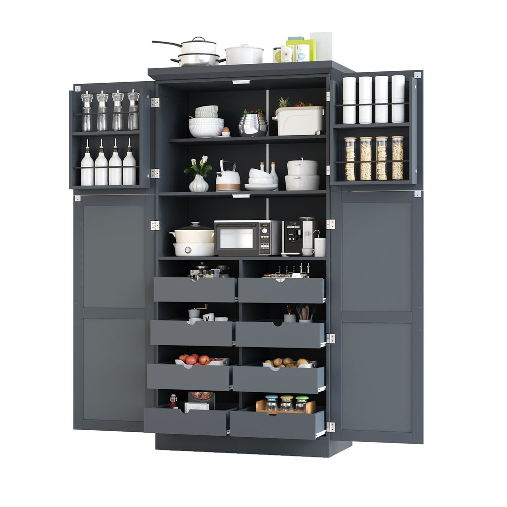 [Assembly Video Provided] TOPMAX 35.5x17.6x70.9inch Freestanding Kitchen Pantry Cabinet, Tall Storage Cabinet with 4 Doors, 2 Door Shelves, 8 Pull-out Trays and Adjustable Shelf for Dining Room, Gray - Grand Goldman Shop