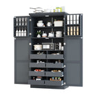 [Assembly Video Provided] TOPMAX 35.5x17.6x70.9inch Freestanding Kitchen Pantry Cabinet, Tall Storage Cabinet with 4 Doors, 2 Door Shelves, 8 Pull-out Trays and Adjustable Shelf for Dining Room, Gray - Grand Goldman Shop