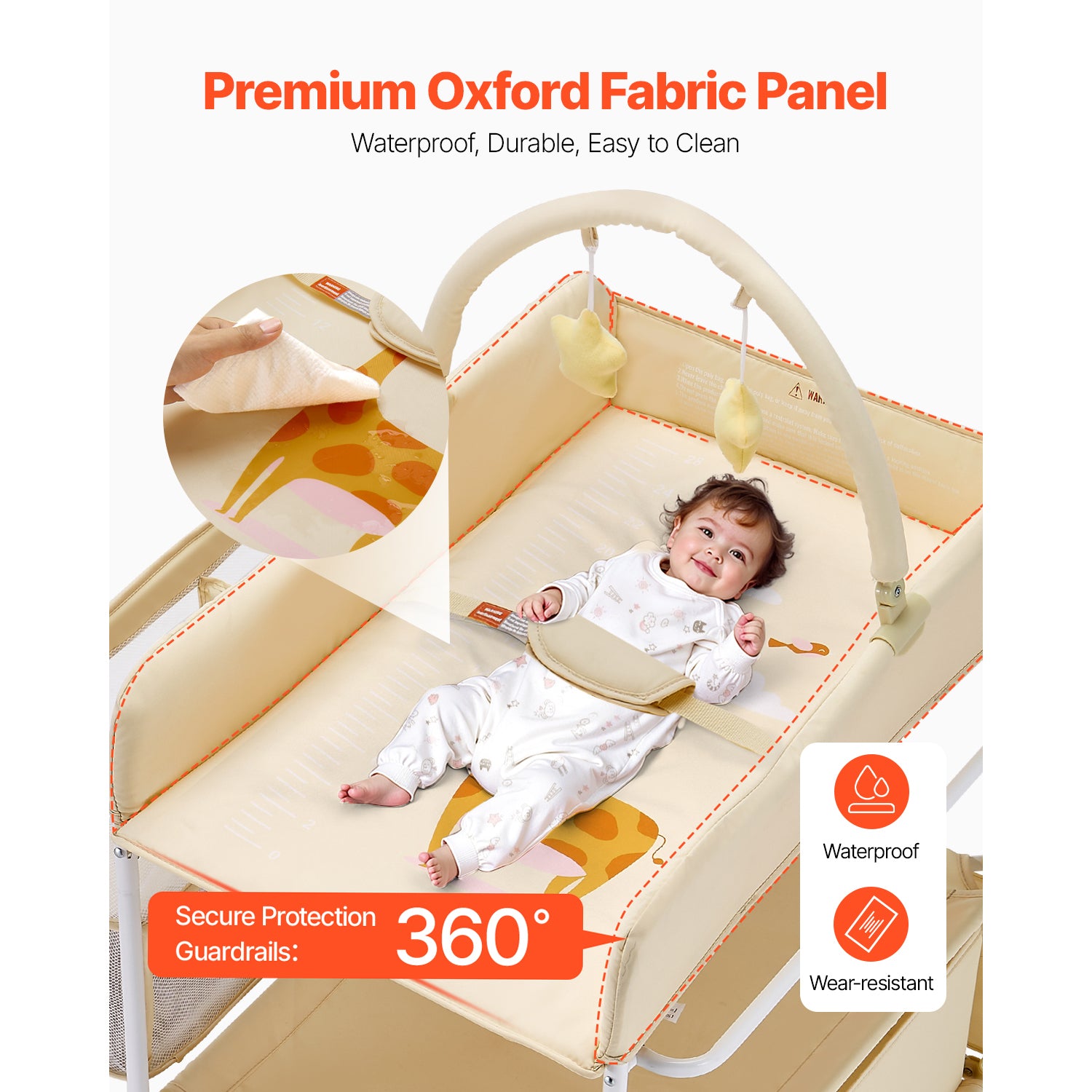 Baby Changing Table, Foldable Diaper Change Station with 2 Fabric Drawers, Side Basket & Hanging Rod, Adjustable Height Porta