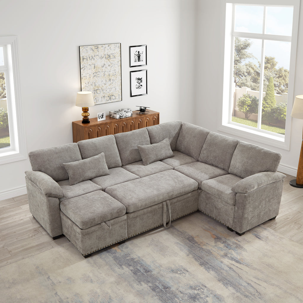 97 Inch L-Shaped Corner Sectional Sofa Couch with Storage Ottoman,Chenille Fabric Couch with 7 Seats & 2 Pillows for Living Room, Modern, Small Space, Easy Assembly,Grey - Grand Goldman Shop