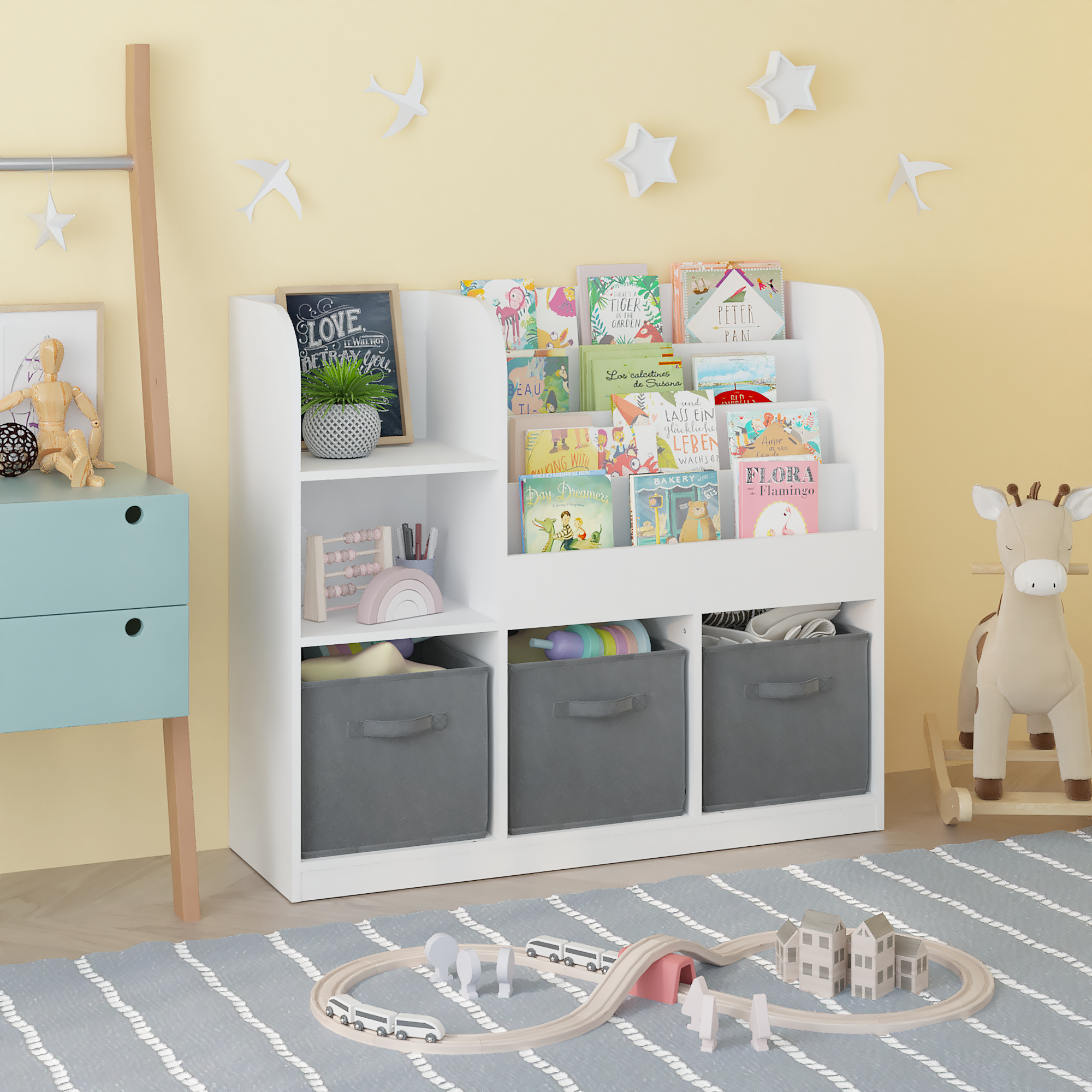 Kids Bookcase and Bookshelf with 3 Collapsible Fabric Drawers, Multifunctional Display Stand for Bedroom, Playroom, Hallway i