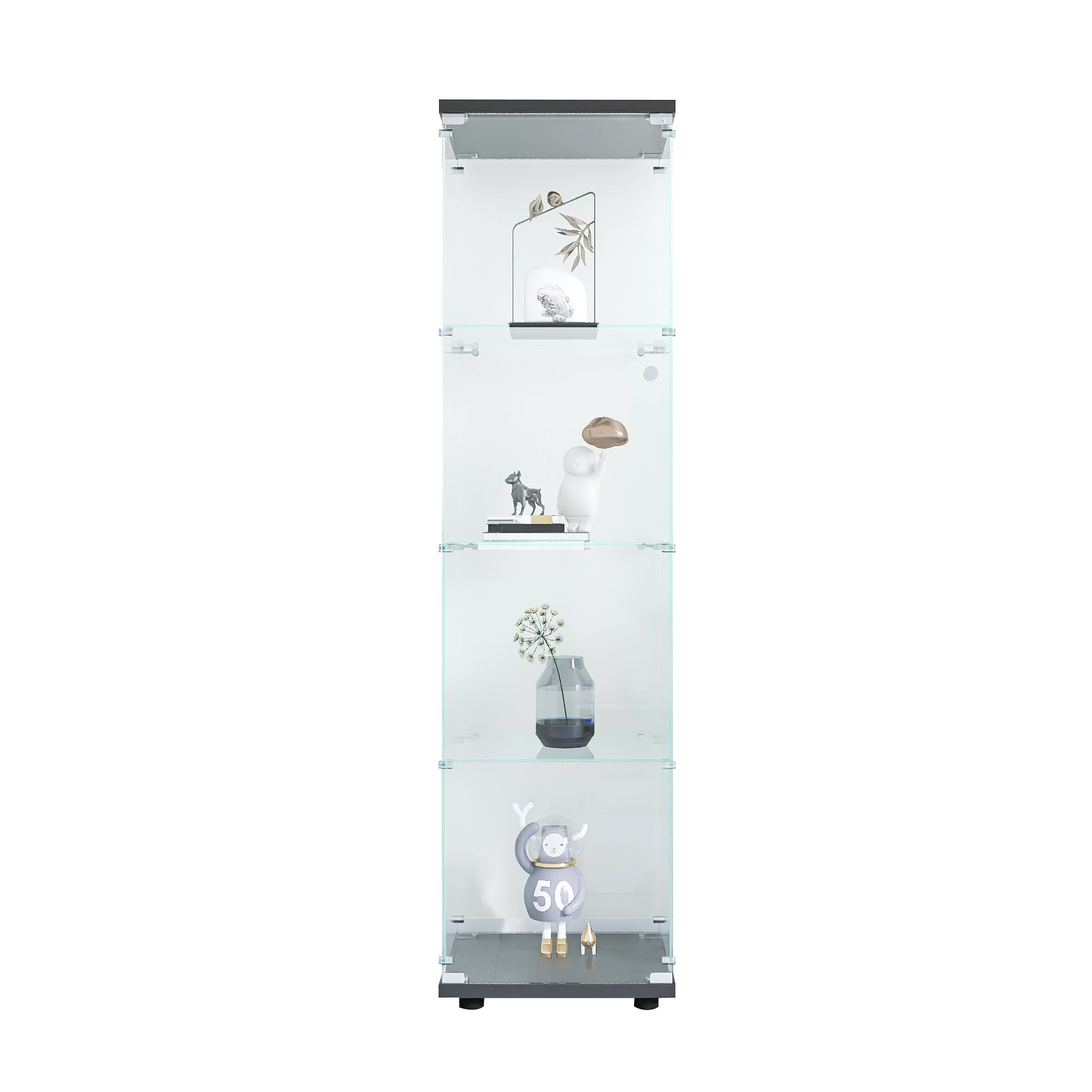 Glass Display Cabinet 4 Shelves with Door, Floor Standing Curio Bookshelf for Living Room Bedroom Office, 64.7'*16.7'*14.3', 
