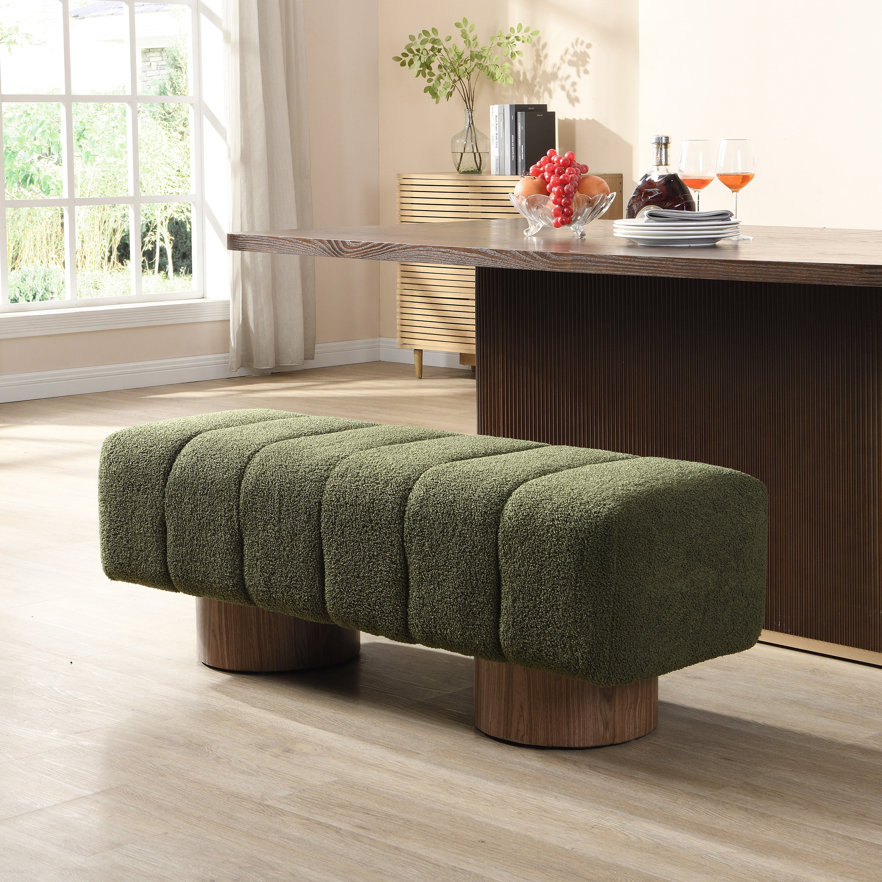 Upholstered Dining Bench for Dining Room, No-Assembly End of Bed Entryway Bench Ottoman for Bedroom Living Room, Green Boucle Fabric Stool Top Wood Leg 300 LBS Weight Capacity - Grand Goldman Shop