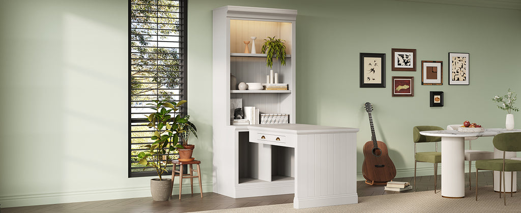 83.4'Tall Bookshelf with Writing Desk, Modern Bookcase with Study Desk, Workstation with Storage Shelf,Storage Bookcase with 