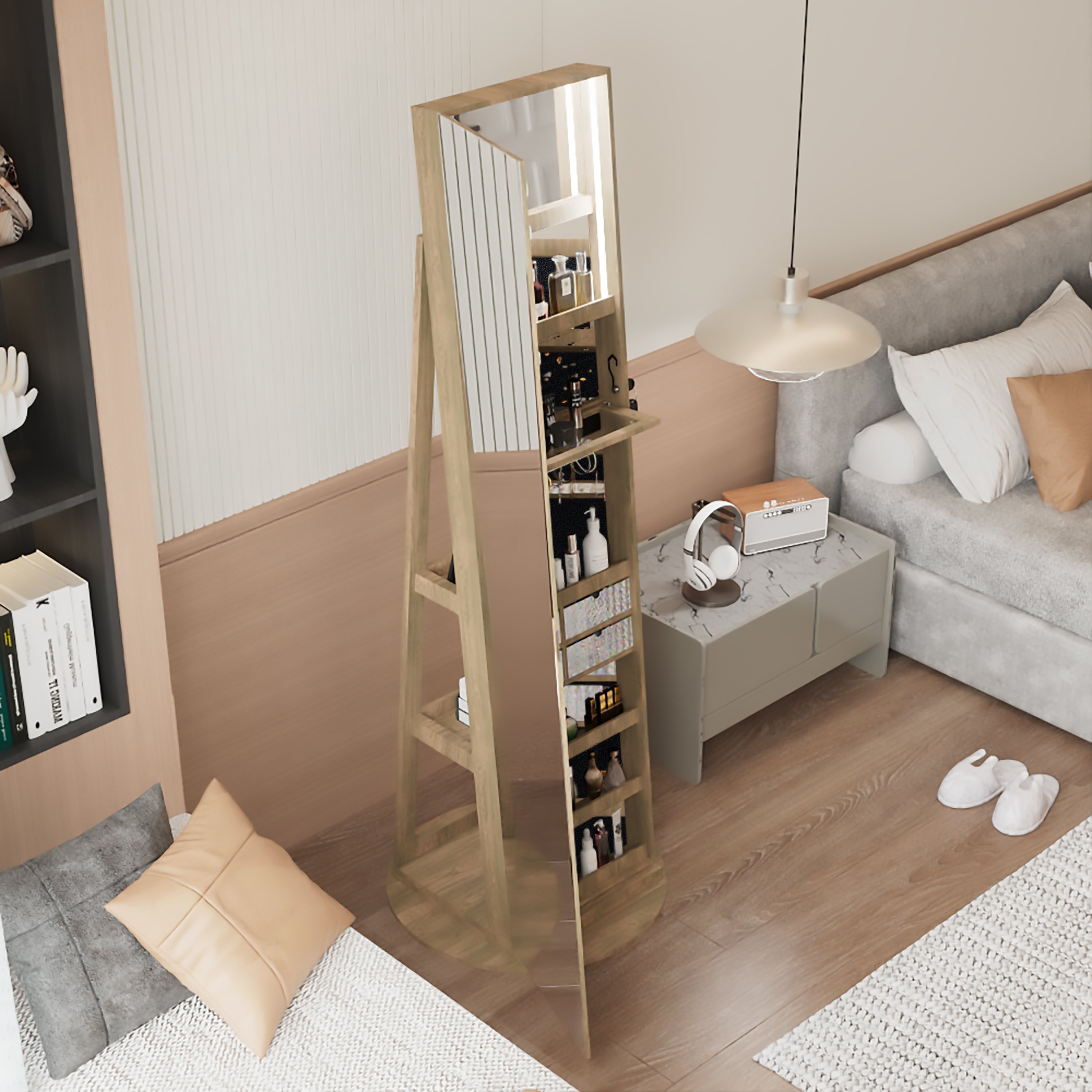 360°Swivel Jewelry Cabinet with Full Length Mirror, 360°Rotating Standing Jewelry Armoire Organizer , Lockable Storage Cabinet, Interior Lighted Mirror, Brown - Grand Goldman Shop