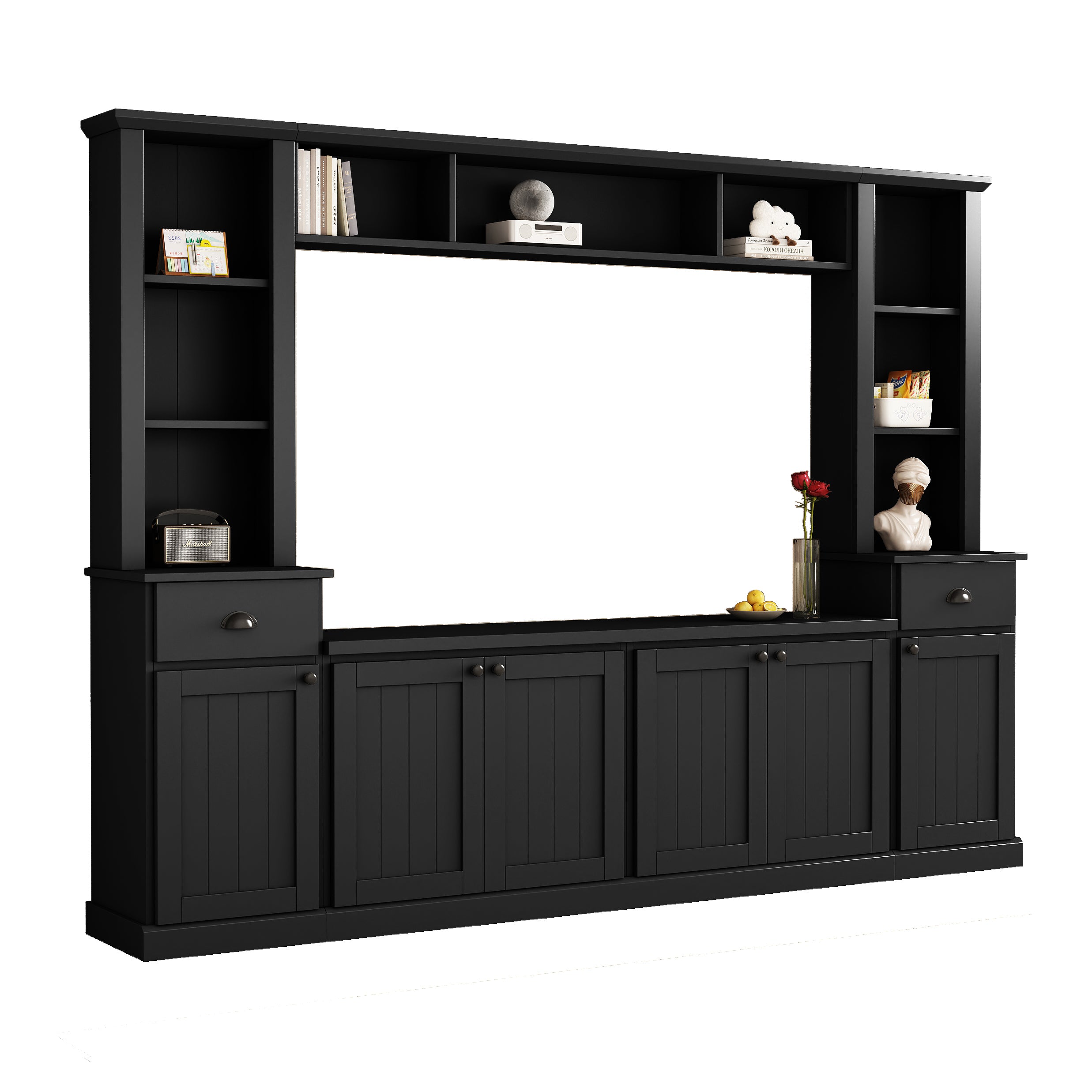 Minimalist Entertainment Wall Unit Set with Bridge for TVs Up to 75'', Ample Storage Space TV Stand with Adjustable Shelves, Modernist Large Media Console for Living Room, Black - Grand Goldman Shop
