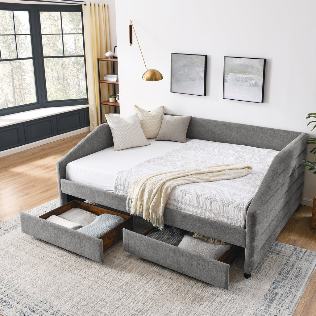 Upholstered Tufted Queen Size Daybed with Two Drawers Trundle, Linen Fabric, Grey, 88'x64.5'x34' - Grand Goldman Shop