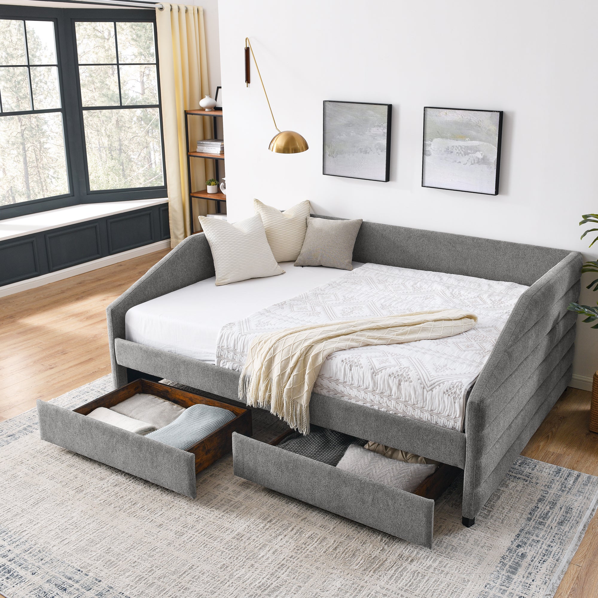 Upholstered Tufted Queen Size Daybed with Two Drawers Trundle, Linen Fabric, Grey, 88'x64.5'x34' - Grand Goldman Shop