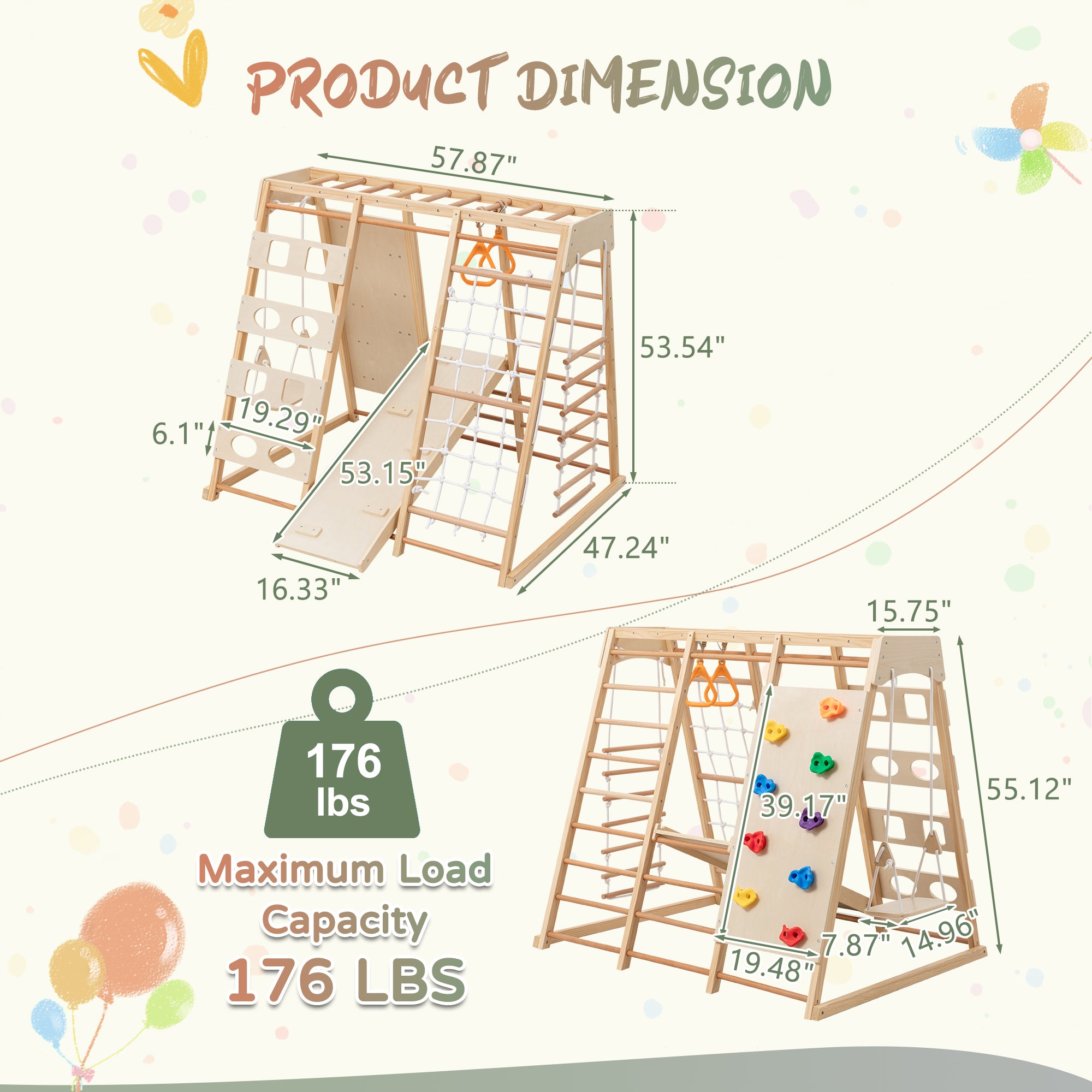 9-in-1 Slide and Climbing Wall for Toddlers 3+, Wooden Indoor Play Structure, Heavy Duty 176 lbs Capacity, Safe Rounded Edge 