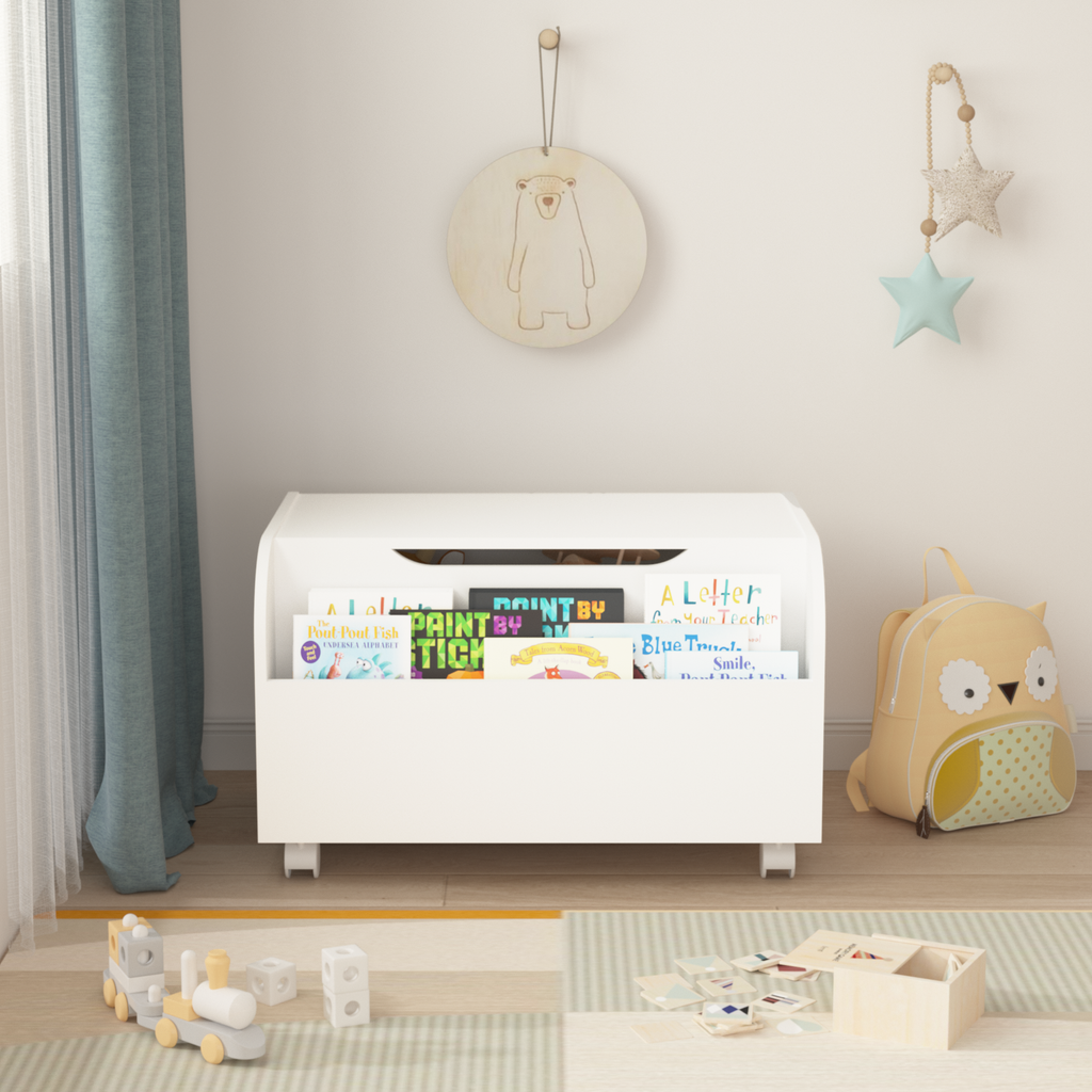 White Wooden Toy Box with 4 Universal Wheels, Kids Playroom Storage Organizer with Front Bookshelf, Flip-Top Lid, Safety Hing