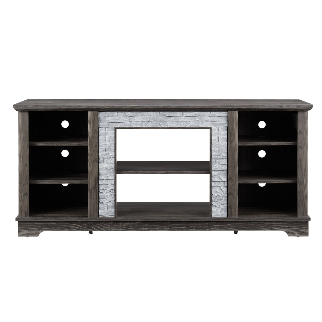 Mantel Stone TV Media Stand with with Faux Stacked Stone Surround, Modern Entertainment Console with Open Storage Space,Grey, 58.31'W*15.39'D*26.06'H - Grand Goldman Shop