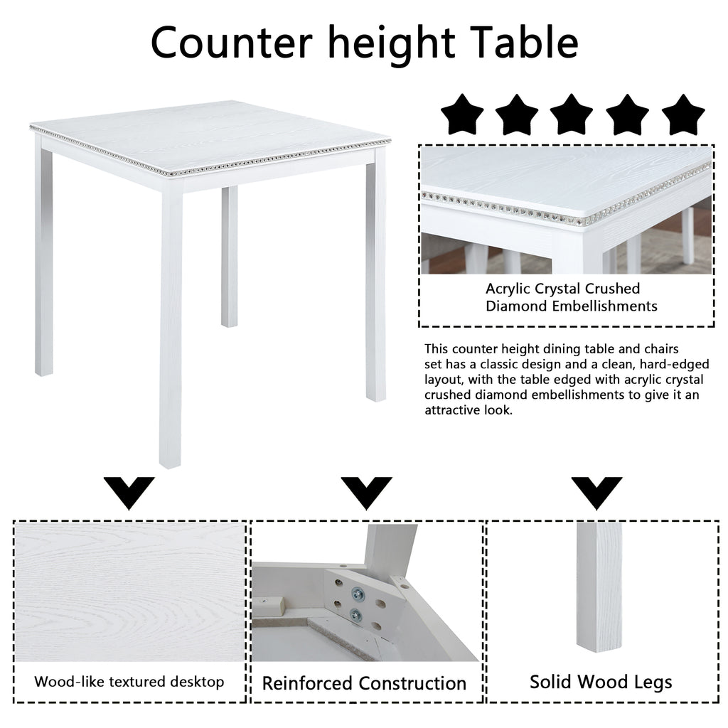 5 Piece Counter Height Table Set, Wooden Kitchen Table Set with Square Table and 4 Upholstered Chairs, Counter Height Dining Table with Crystal Decoration and Chair Set for Kitchen, Dining Room, White - Grand Goldman Shop