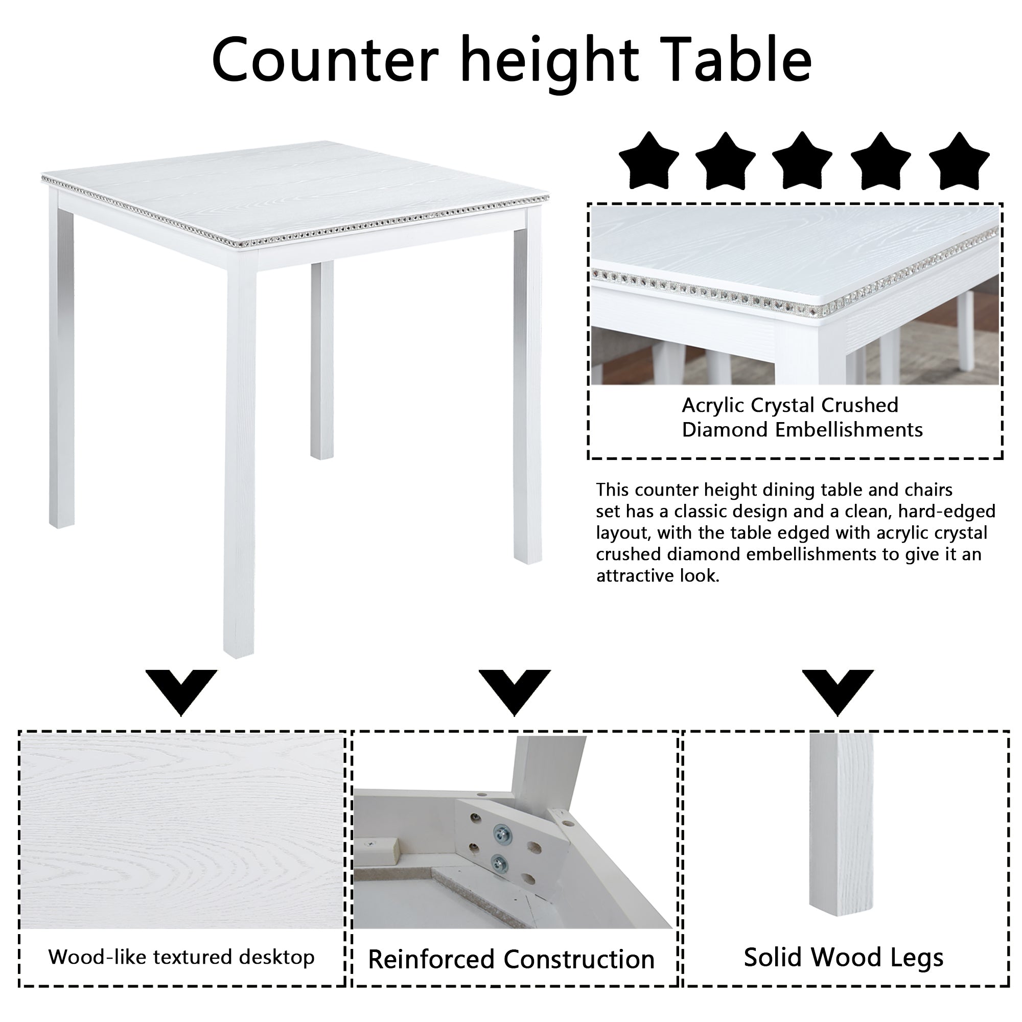 5 Piece Counter Height Table Set, Wooden Kitchen Table Set with Square Table and 4 Upholstered Chairs, Counter Height Dining Table with Crystal Decoration and Chair Set for Kitchen, Dining Room, White - Grand Goldman Shop