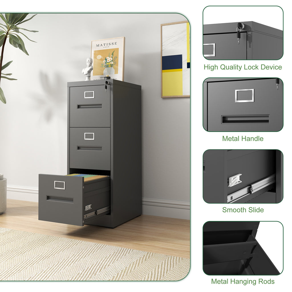 Premium Metal 3 Drawer File Cabinet with Lock for A4 Legal/Letter Size Storage, Black Steel, 15.16x17.72x40.39 inches | Premi