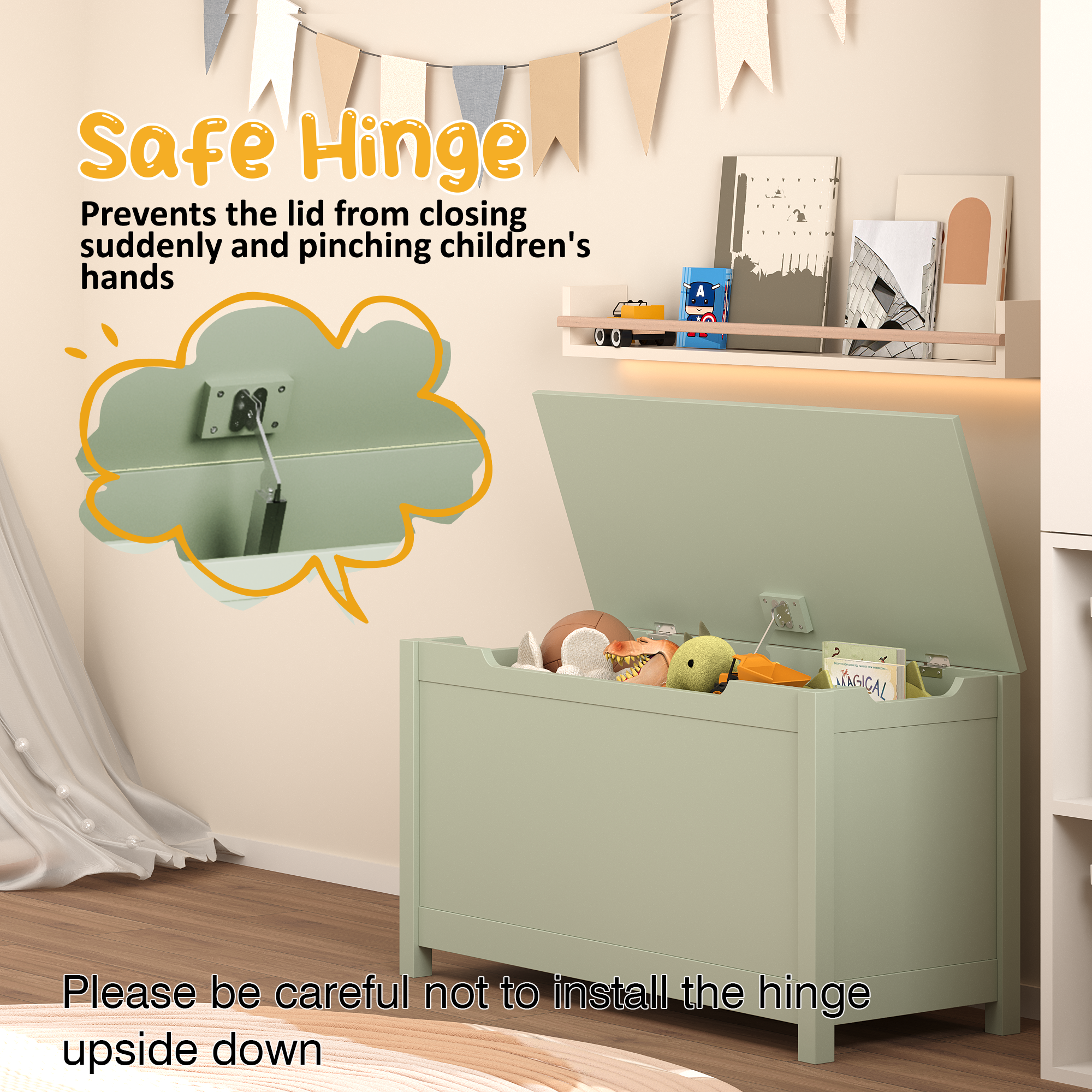 Kids Wooden Toy Box Storage with Safety Hinged Lid for Ages 2+ (Sage) - Grand Goldman