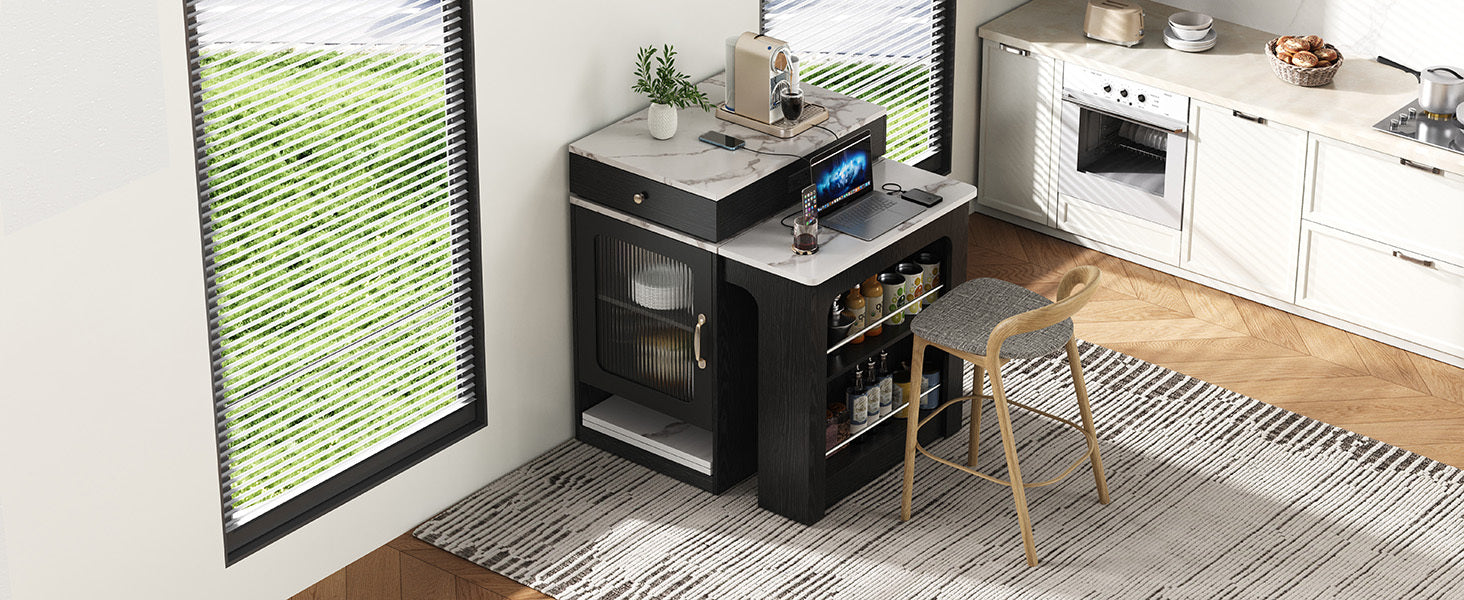 K&K 59.5' Kitchen Island with Extendable Dining Table, Kitchen Storage Table with Double-sided Storage, Kitchen Island with 2 Drawers, Power Outlet, Side Open Shelves, for Kitchen, Dining Room, Black - Grand Goldman Shop