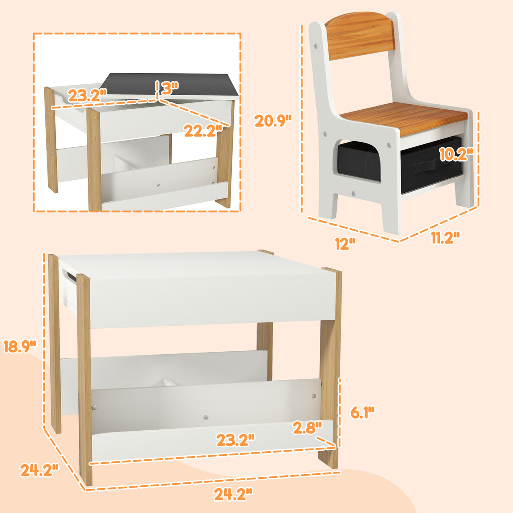 Qaba 3 Piece Kids Table and Chair Set, 2 in 1 Toddler Table and Chair Set with Reversible Tabletop Blackboard, Storage & Book