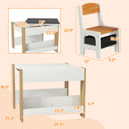 Qaba 3 Piece Kids Table and Chair Set, 2 in 1 Toddler Table and Chair Set with Reversible Tabletop Blackboard, Storage & Book