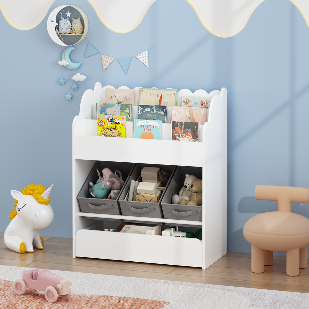 Kids Bookshelf with Storage Bins and Drawer, Multi-Functional Wooden Book Organizer for Toddlers, White Bookcase for Toys, Bo