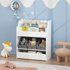 Kids Bookshelf with Storage Bins and Drawer, Multi-Functional Wooden Book Organizer for Toddlers, White Bookcase for Toys, Bo