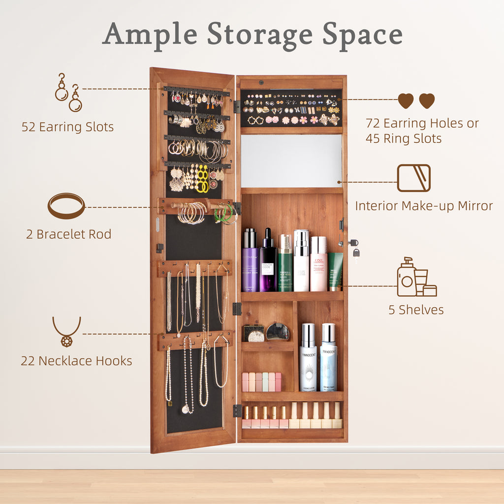 Solid Wood Jewelry Armoire Organizer Cabinet with Full-Length Mirror, Brown, Wall-Mounted Lockable with LED Light, 47.5x14.3 in - Grand Goldman Shop