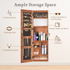 Solid Wood Jewelry Armoire Organizer Cabinet with Full-Length Mirror, Brown, Wall-Mounted Lockable with LED Light, 47.5x14.3 in - Grand Goldman Shop