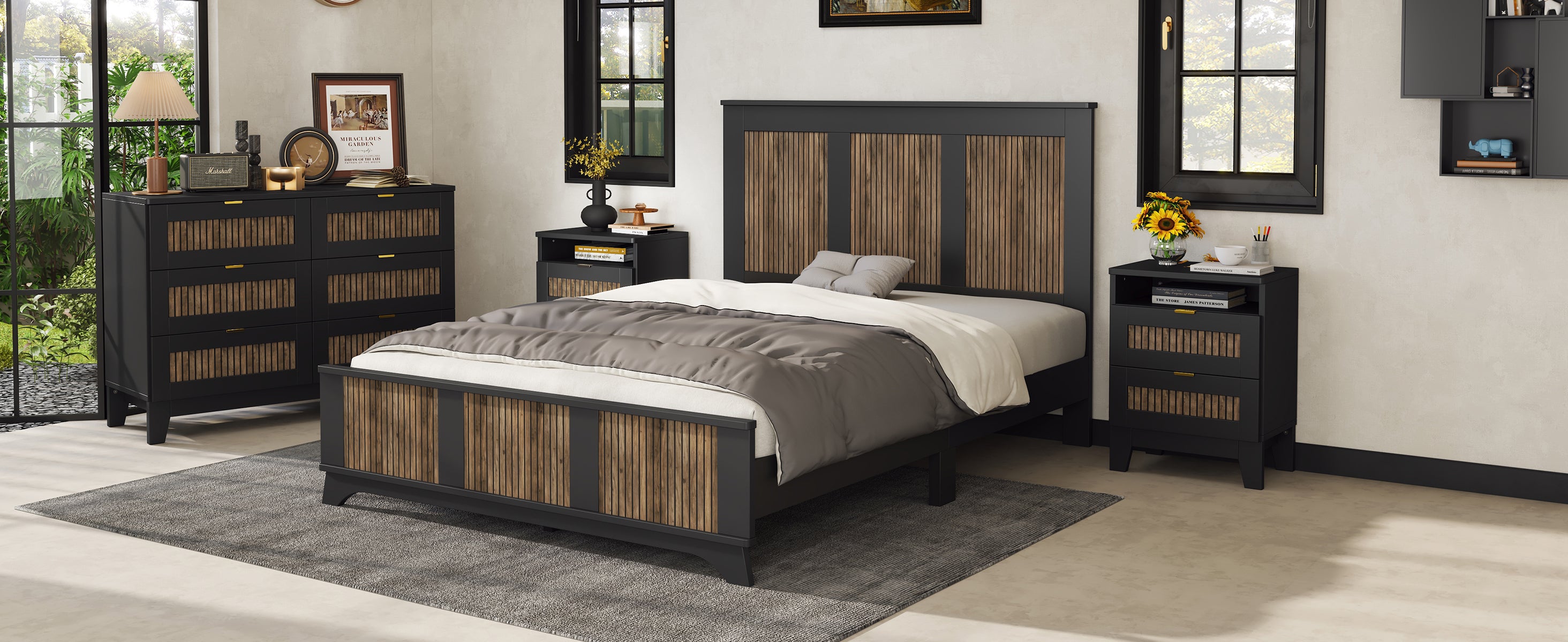 4-Pieces Bedroom Sets, Queen Size Farmhouse Platform Bed with Wooden Strip Stickers Decoration, Storage Nightstand and Dresser with Metal Handle, Black(Old SKU: HL000191AAB) - Grand Goldman Shop