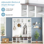 Farmhouse Wooden Hall Tree with 6 Hooks, Walnut Storage Bench with Adjustable Shelves, 4-in-1 Entryway Shoe Cabinet with Cubbies for Mudroom, Living Room, White, 76.7'H (OLD SKU: N721S000044K) - Grand Goldman Shop