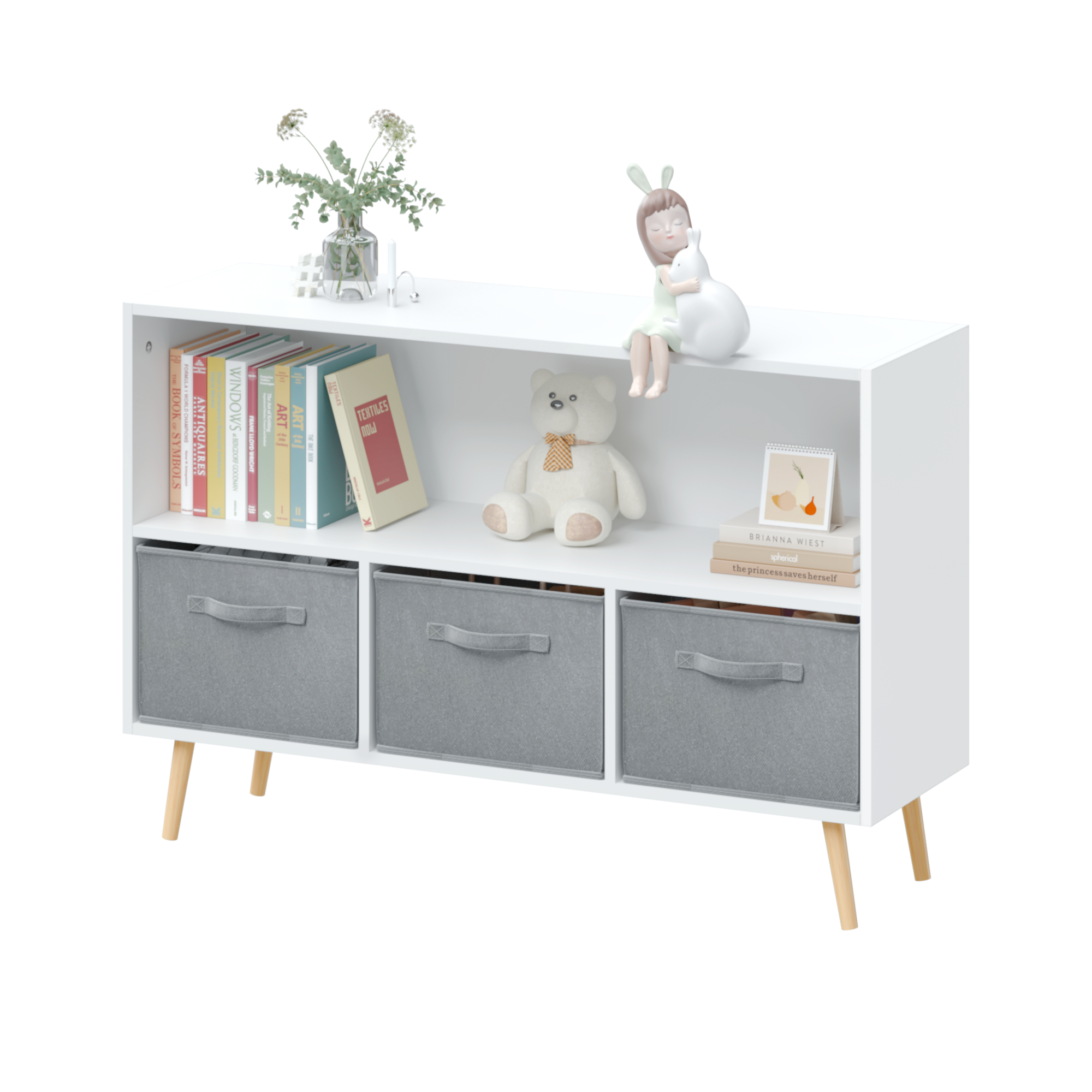 Kids Bookcase with Collapsible Fabric Drawers, Children's Book Display, Toy Storage Cabinet Organizer, White/Gray, MDF+Pine -