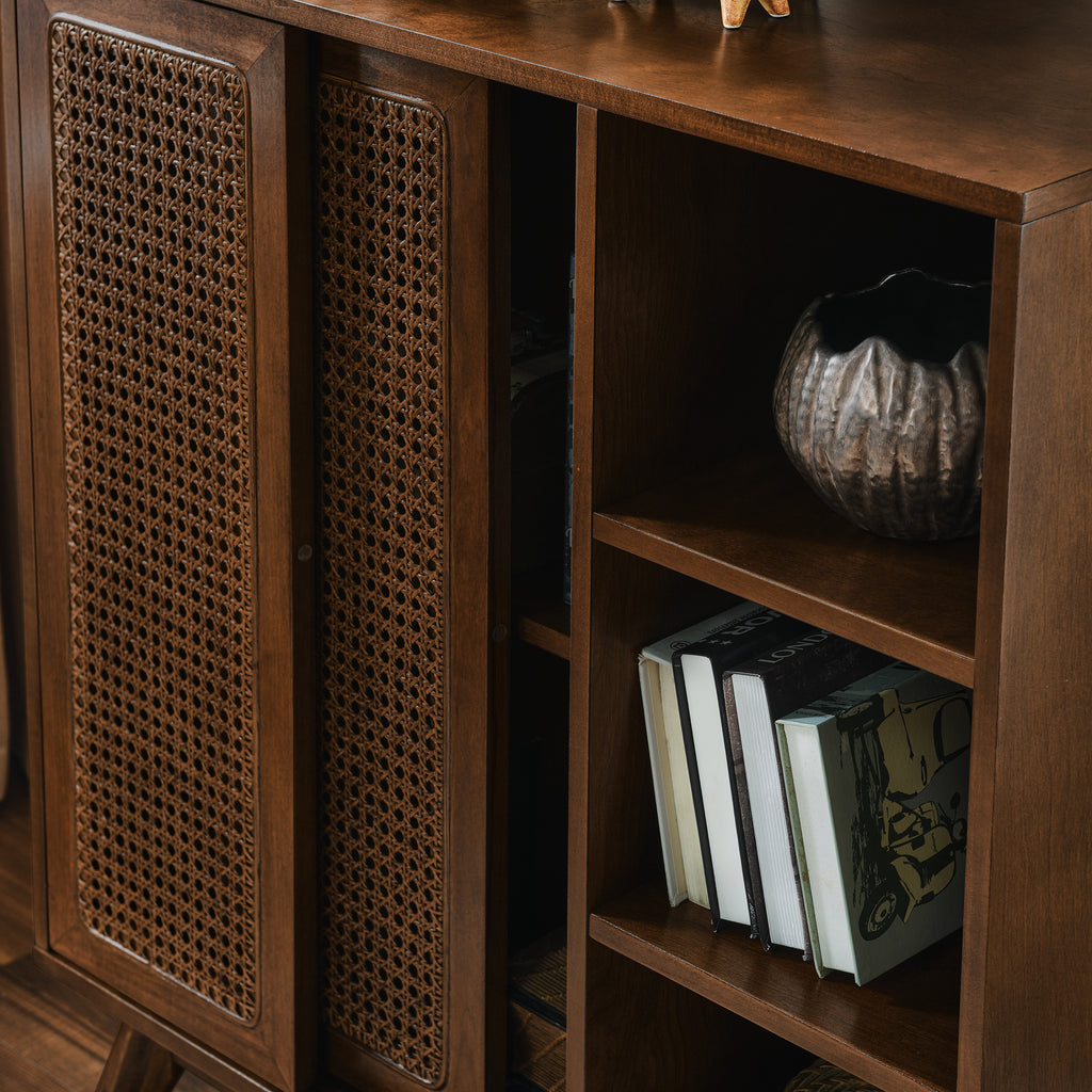 Mid Century Modern Rattan Sideboard Cabinet, Buffet Cabinet for Entryway Hallway Living Room Kitchen Dining Room, Adjustable Shelf & Solid Wood Feet & Rattan Cabinet Doors - Dark Wood - Grand Goldman Shop