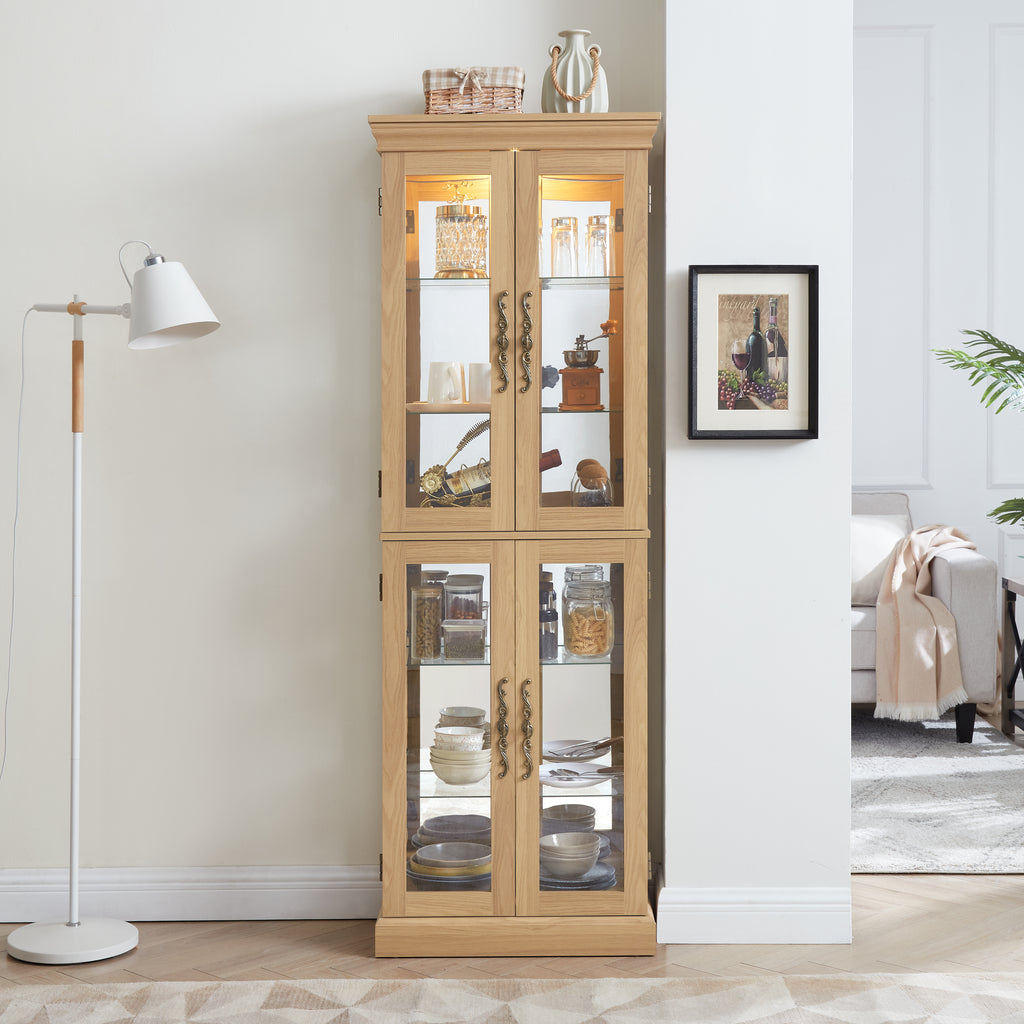 Lighted Glass Curio Display Cabinet,Display Cabinet,Glass Storage Cabinet Glass Wine cabinet Wood Frame Toy Display for Living Room, Kitchen, Pantry light bulb included Light oak - Grand Goldman Shop