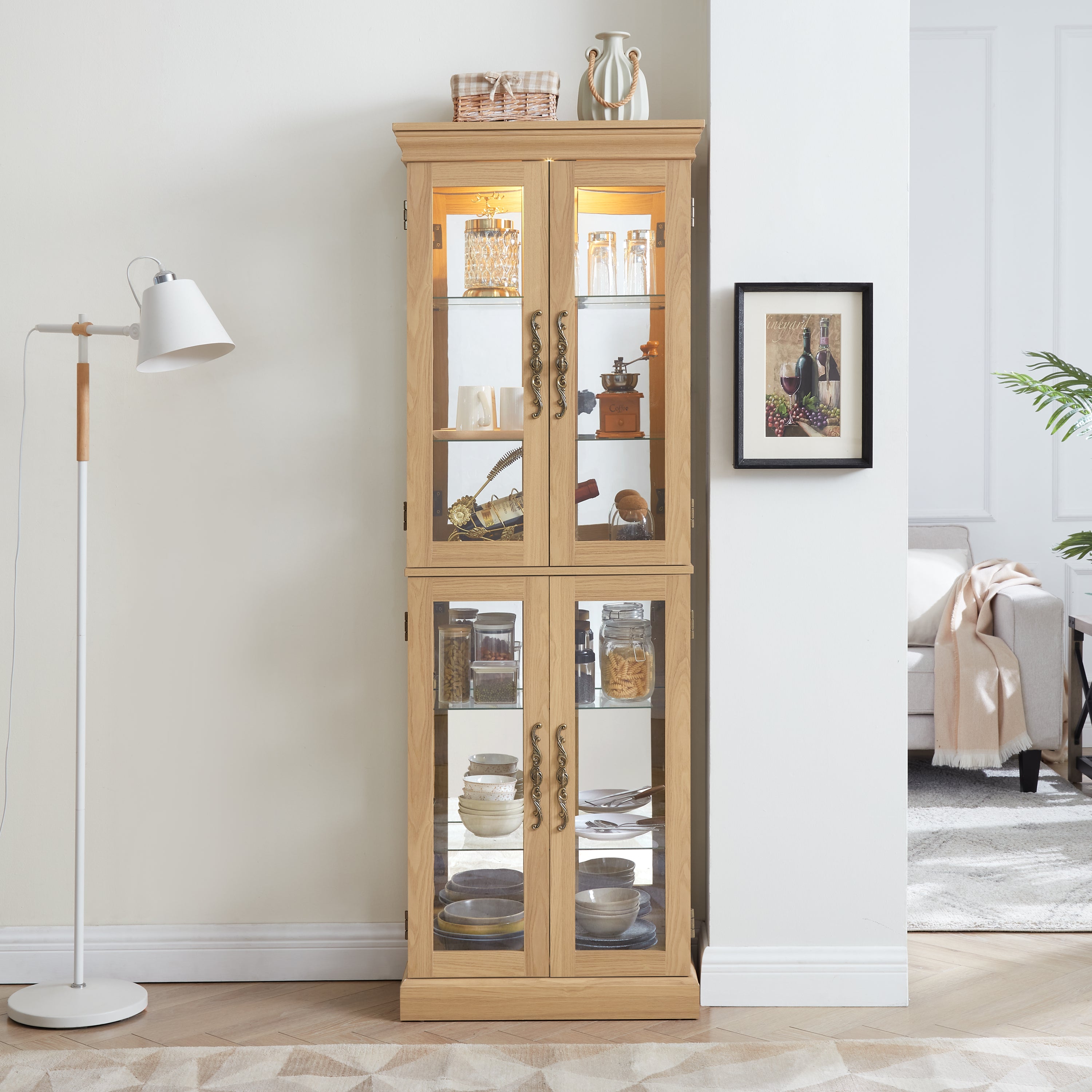 Lighted Glass Curio Display Cabinet,Display Cabinet,Glass Storage Cabinet Glass Wine cabinet Wood Frame Toy Display for Living Room, Kitchen, Pantry light bulb included Light oak - Grand Goldman Shop