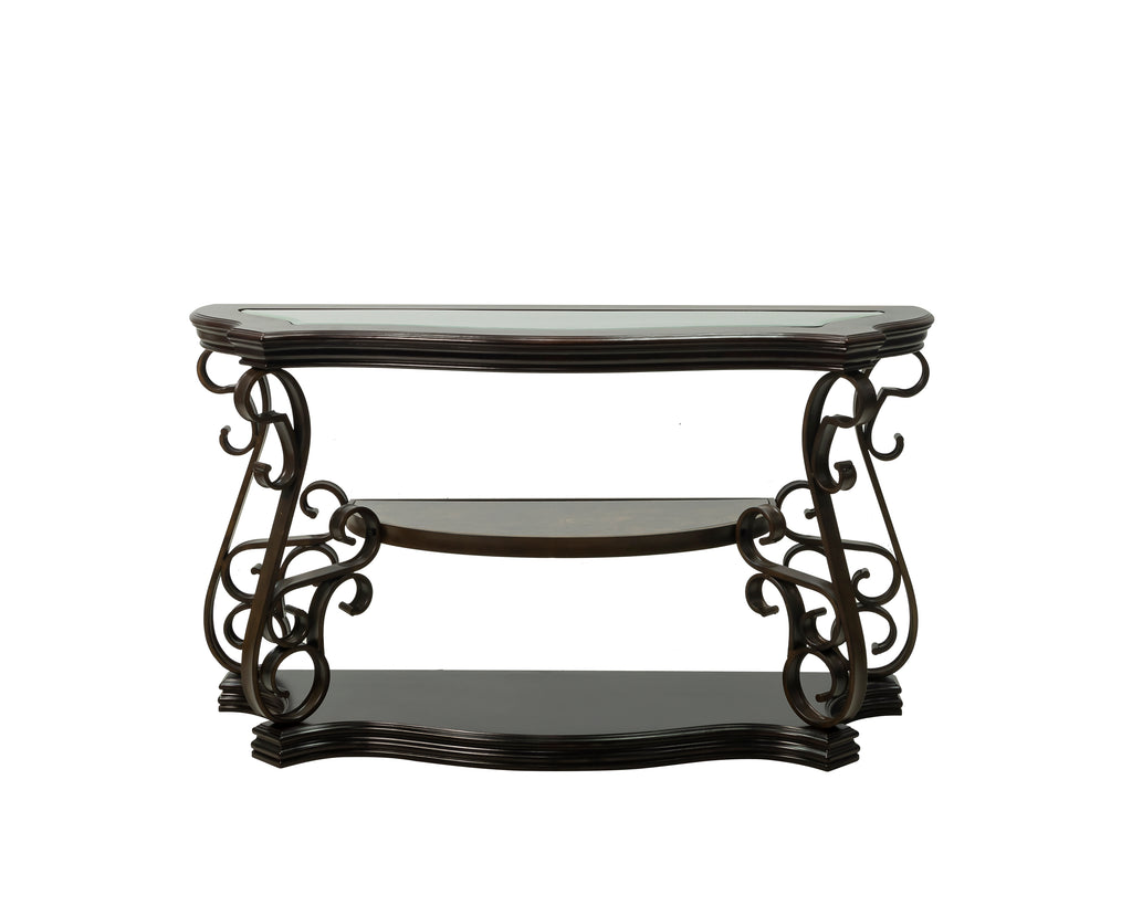 Sofa Table, Glass table top, MDF W/marble paper middle shelf, powder coat finish metal legs. (54'Lx20'Wx30'H) - Grand Goldman Shop