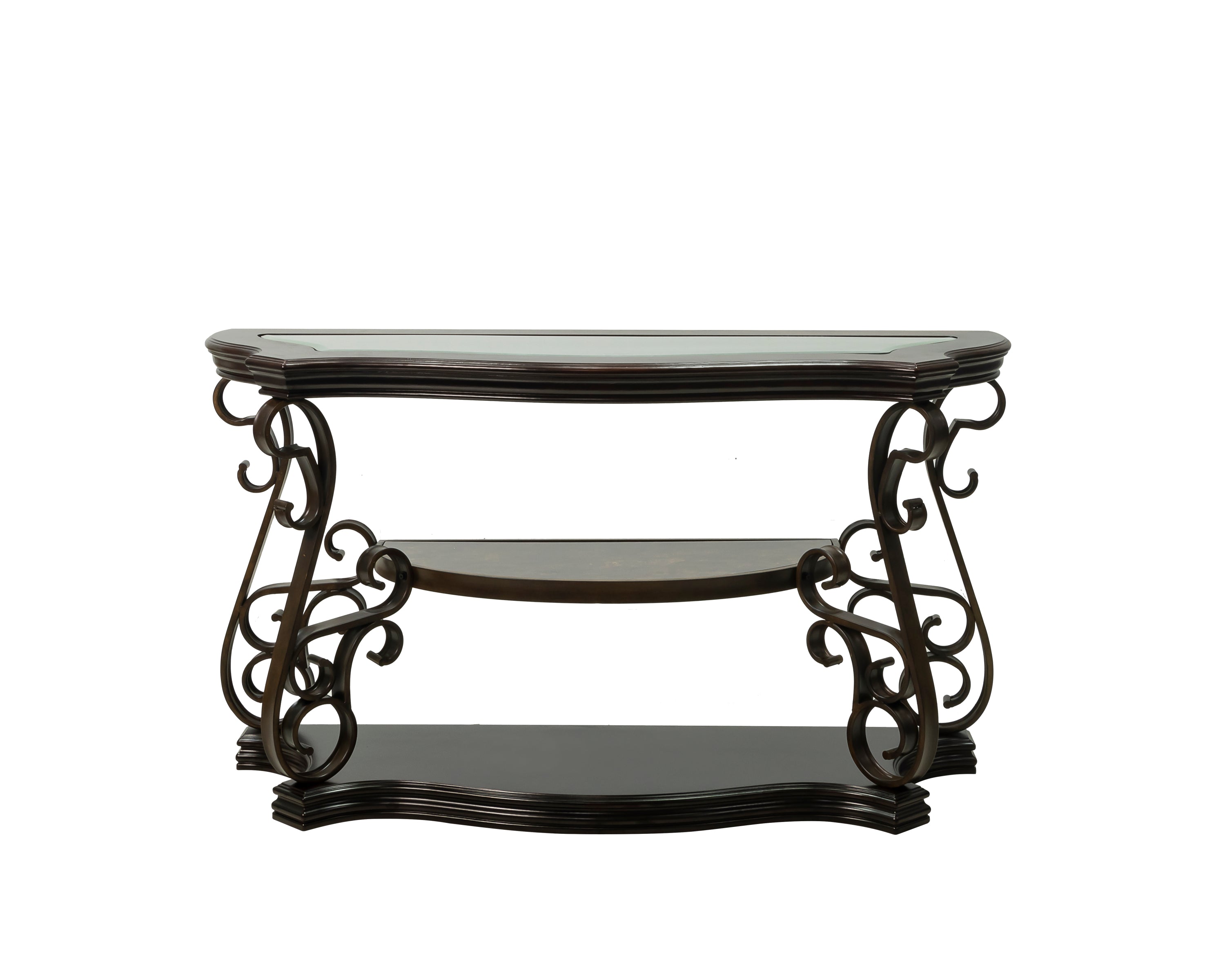 Sofa Table, Glass table top, MDF W/marble paper middle shelf, powder coat finish metal legs. (54'Lx20'Wx30'H) - Grand Goldman Shop