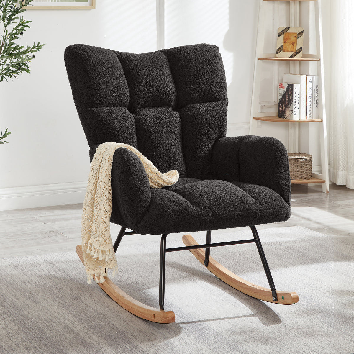Glider Chair for Living Room Tufted Upholstered Teddy Fabric Rocking Chair with Metal Frame Accent Chair Dark Gray - Grand Goldman Shop