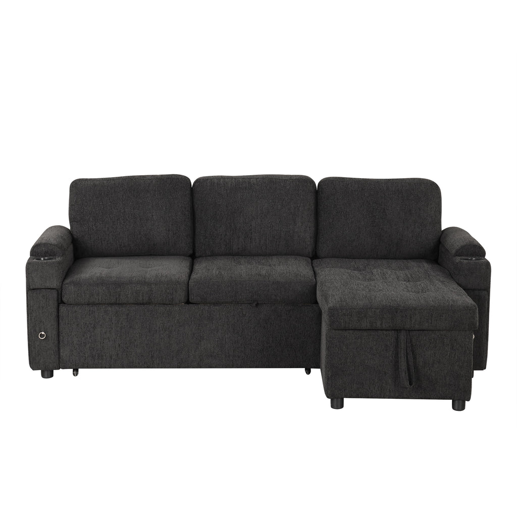 Black Convertible L-shaped Sofa Couch with Storage, Cup Holders, USB Ports, Chenille Fabric, 83.5' - Grand Goldman Shop