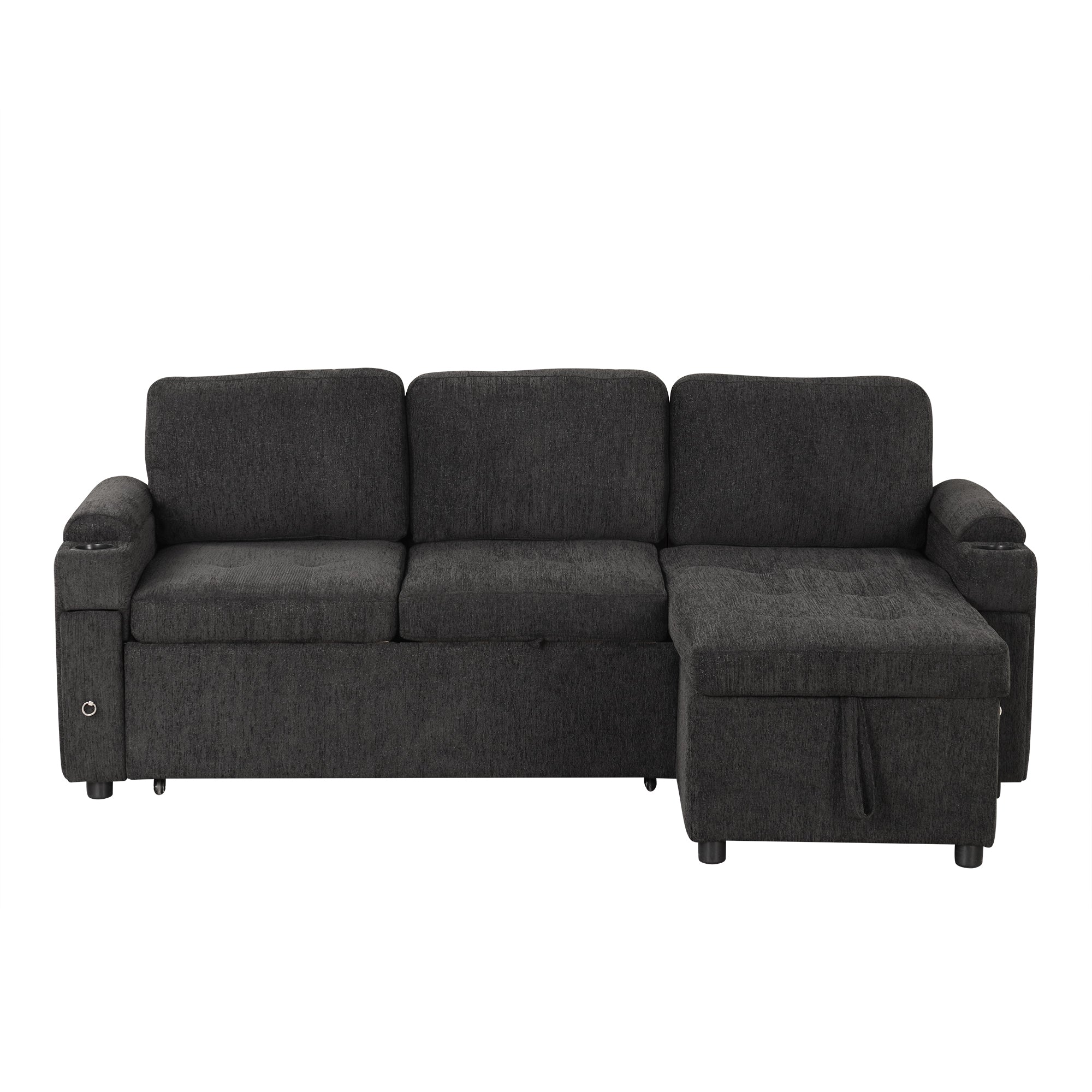 Black Convertible L-shaped Sofa Couch with Storage, Cup Holders, USB Ports, Chenille Fabric, 83.5' - Grand Goldman Shop