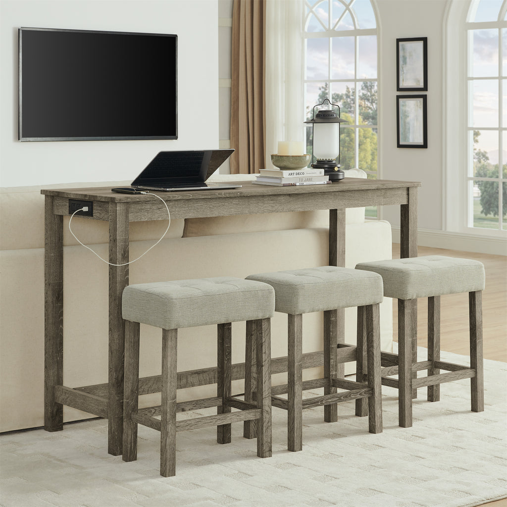 59 Inch Bar Table, Dining Table, Sofa Table with Power Outlet, 3 Upholstered Stools, 4 Piece Bar Table and Chair Set for Living Room, Dining Room, Kitchen - Grand Goldman Shop