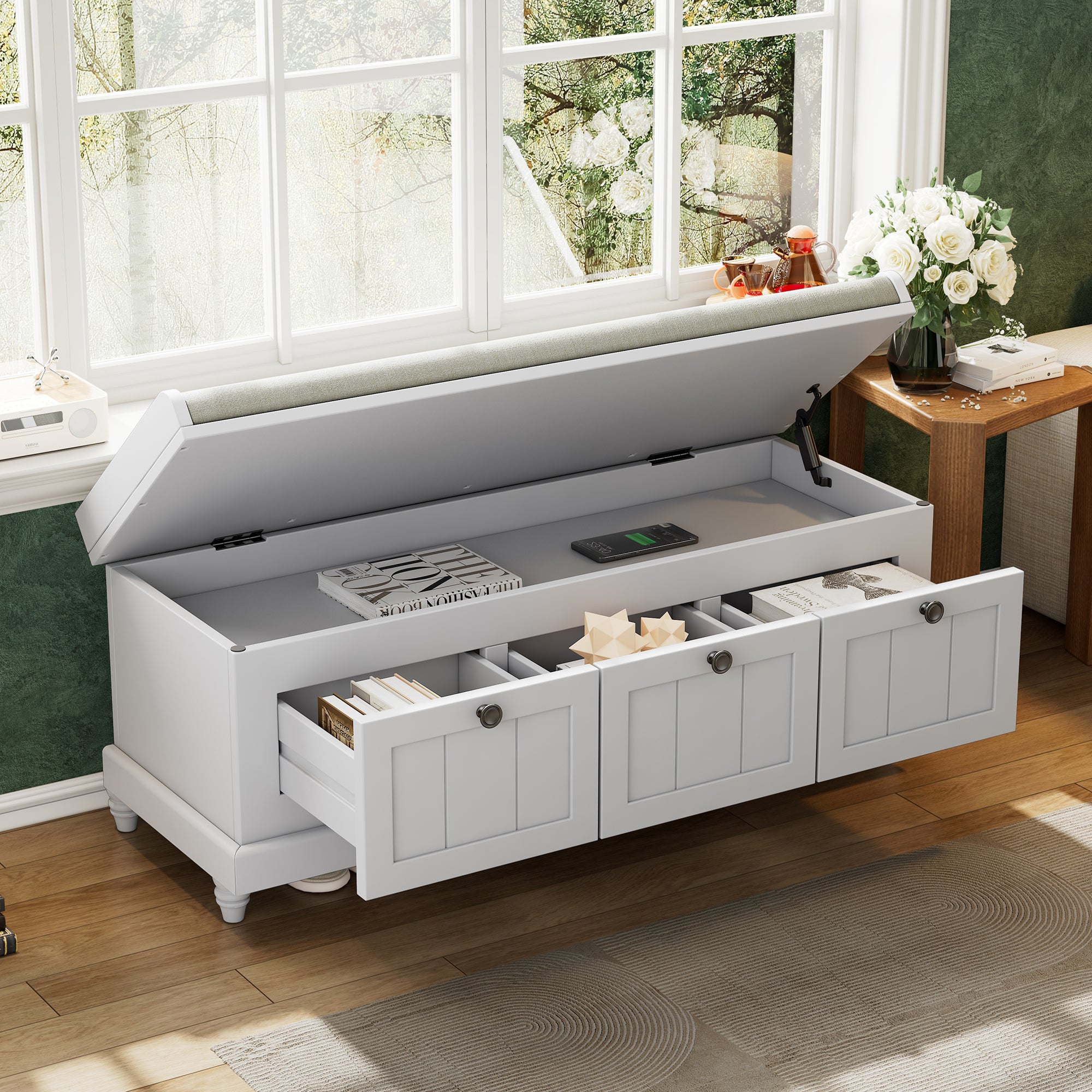 TREXM Classic Shoe Bench with Cushion and Three Drawers, Fluted Entryway Bench with Storage for Living Room, Entryway, and Hallways (Light Gray, OLD SKU: N715P207812E ) - Grand Goldman Shop
